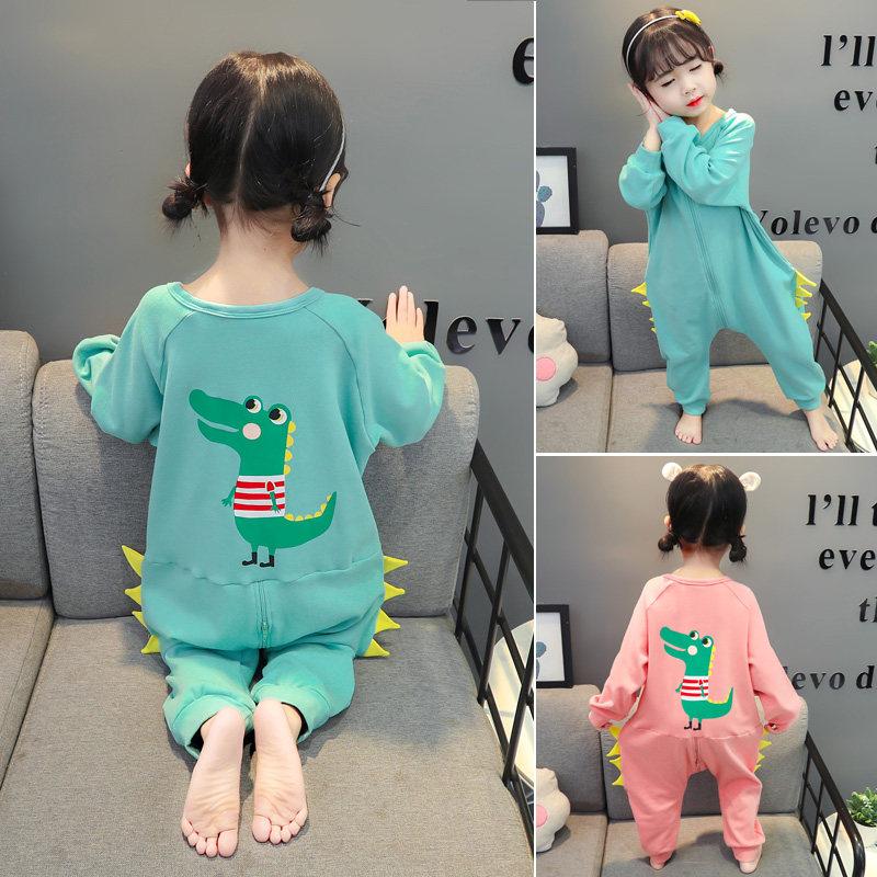 Children's dinosaur pyjamas with spring and autumn clothes with baby pure cotton anti-kick full cotton male and female anti-loose sleeping bag