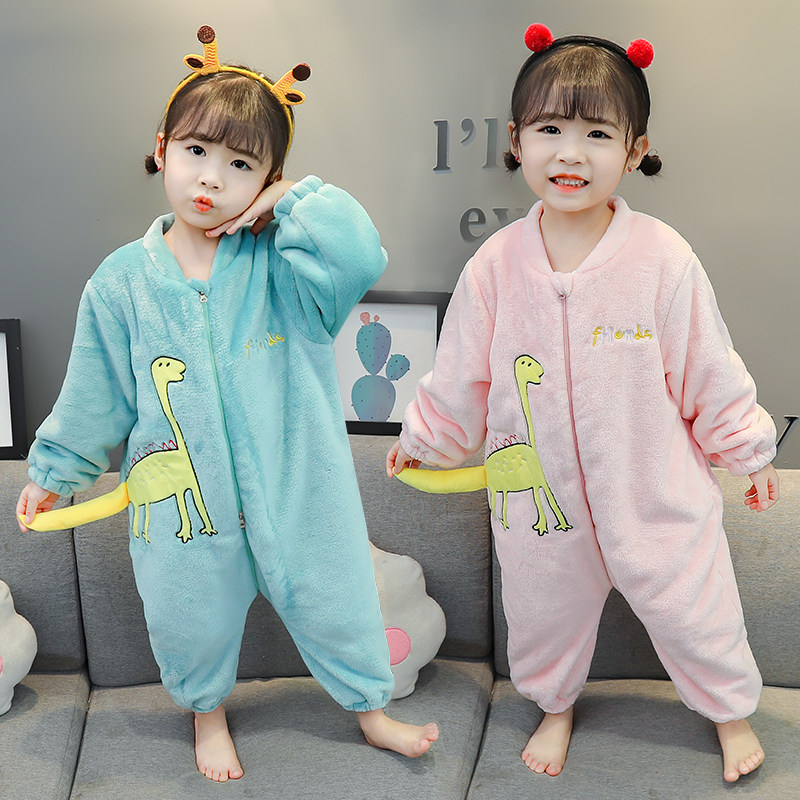 Baby Limen Sleeping Clothes Autumn Winter Style Children Thickened Coral Suede Dinosaur Boy Anti Kick Sleeping Bag for male and female children Home Home Clothing