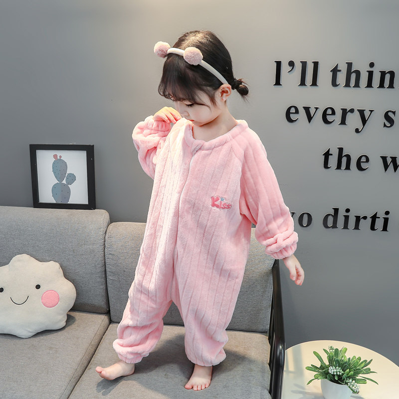 Baby one-piece pajamas children's autumn and winter flannel plus velvet anti-kick thickening sleeping bag girls coral velvet home clothes
