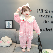 Children conjoined sleeping clothes autumn and winter girls flannel 1 year old 3 childrens baby princess floral side collar coral suede home clothes