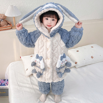 Childrens pyjamas winter coral suede thickened girls triple layer clip cotton suit 3 baby cartoon flannel suede home 2
