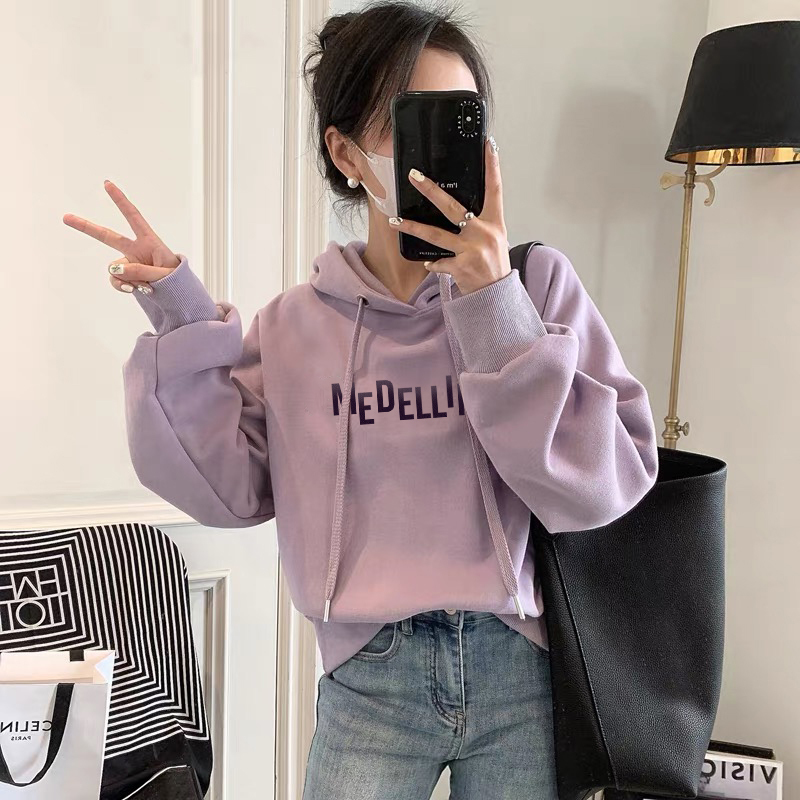 Taro Purple Hooded Sweatshirt for Women, Autumn and Winter Lazy Pullover Hoodie with Letter Print, Korean Style Loose Fleece Jacket Top