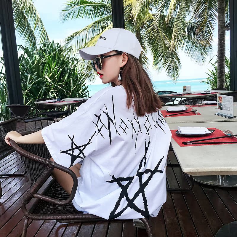 美美家后背五角星T恤2017期组选新款韩版女装街头潮流BF风中长款
