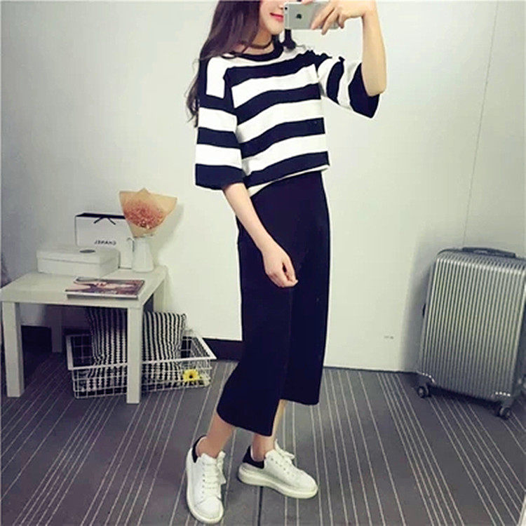 春夏新款2017韩版条纹短袖上衣七分裤两件套宽松休闲阔腿裤套装女