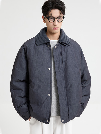 Black Ze Ming Knitted Splicing Lapel Down Jacket Men's 2025 Winter New Short Warm Bread Jacket