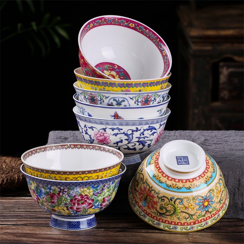 Jingdezhen 5-inch High-footed Bone Porcelain Bowl Powder Color Rice Bowl with Blister Noodles Bowl Dragon Grain Bowl Imitation Ancient Bowl Suo Bowl and Dish Suit