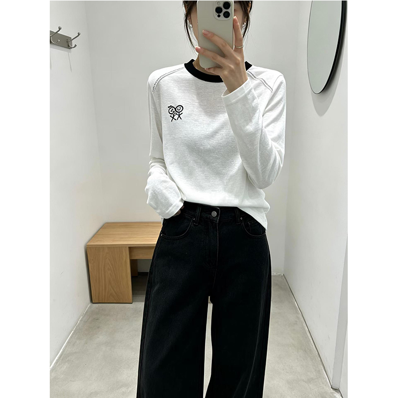 Fun Stickman Embroidery Long-Sleeved Linen Blend Loose Round-Neck Early Autumn Layering White T-Shirt Women's Top Fun Stickman Embroidery Long-Sleeved Linen Blend Loose Round-Neck Early Autumn Layering White T-Shirt Women's Top