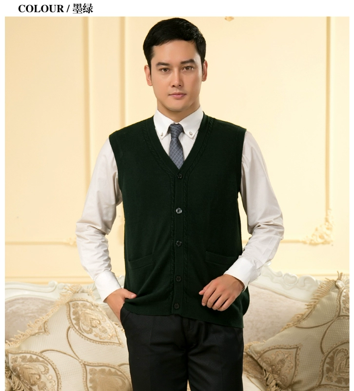 Mùa xuân và mùa thu phần mỏng người đàn ông trung niên cashmere vest kích thước lớn openwork len vest vai đan len mở vest áo len nam trung niên