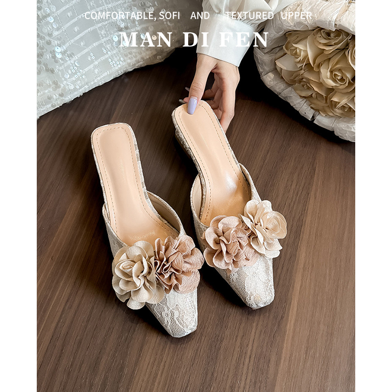 Fashionable Floral Chunky Heel Pointed-Toe Mules for Women, Spring Slip-On Shoes with High Anti-Slip Lace and Shallow Opening