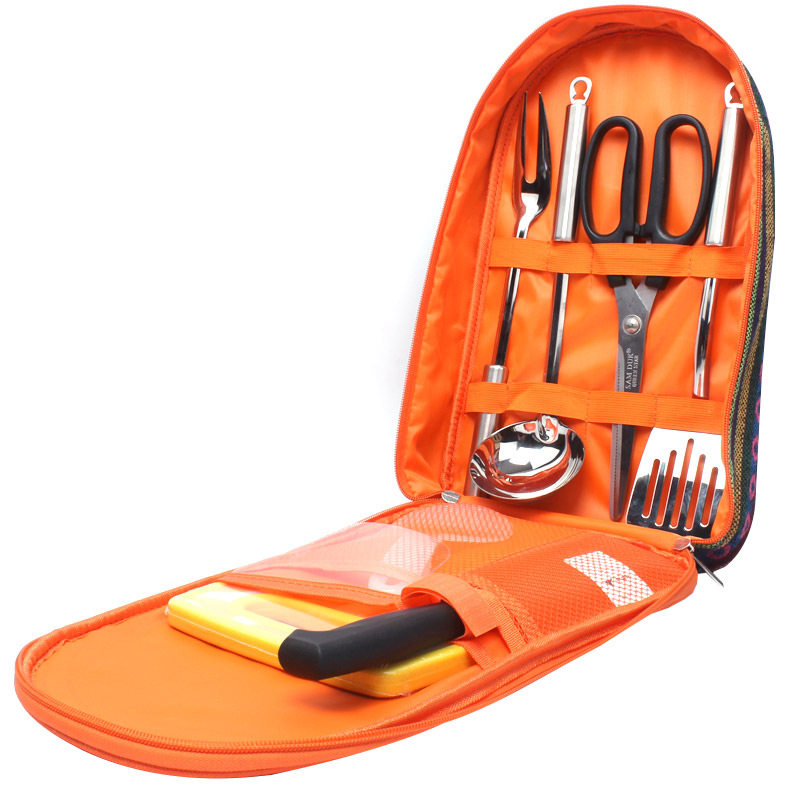 Korean Outdoor cookware Set Picnic kitchenware Portable cutting board shovel Stainless steel 7-piece set handbag picnic bag