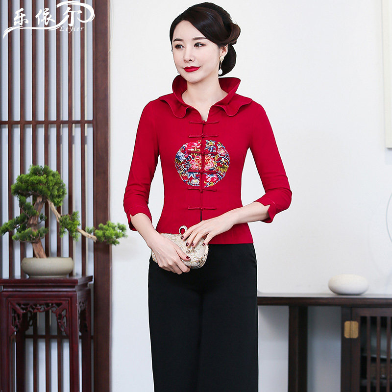 Improved Cotton Linen Qipao Blouse Blouse Spring Summer Embroidery Short of linen Tang Dress Suit Chinese mother dress Wedding Banquet big size
