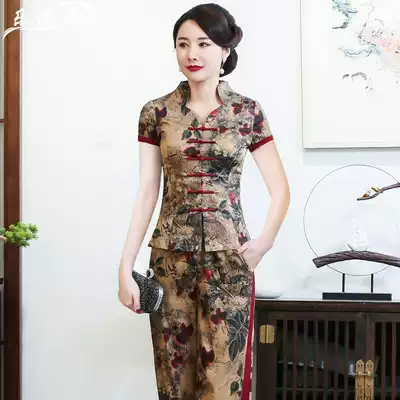 Summer short-sleeved silk Tang suit jacket two-piece improved fashion cheongsam suit Chinese daily mother dress big size