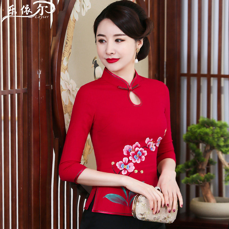 Spring and summer new improved hand-painted qipao fashion cotton linen jacket Chinese Chinatown suit Mom dress wedding banquet dress big size