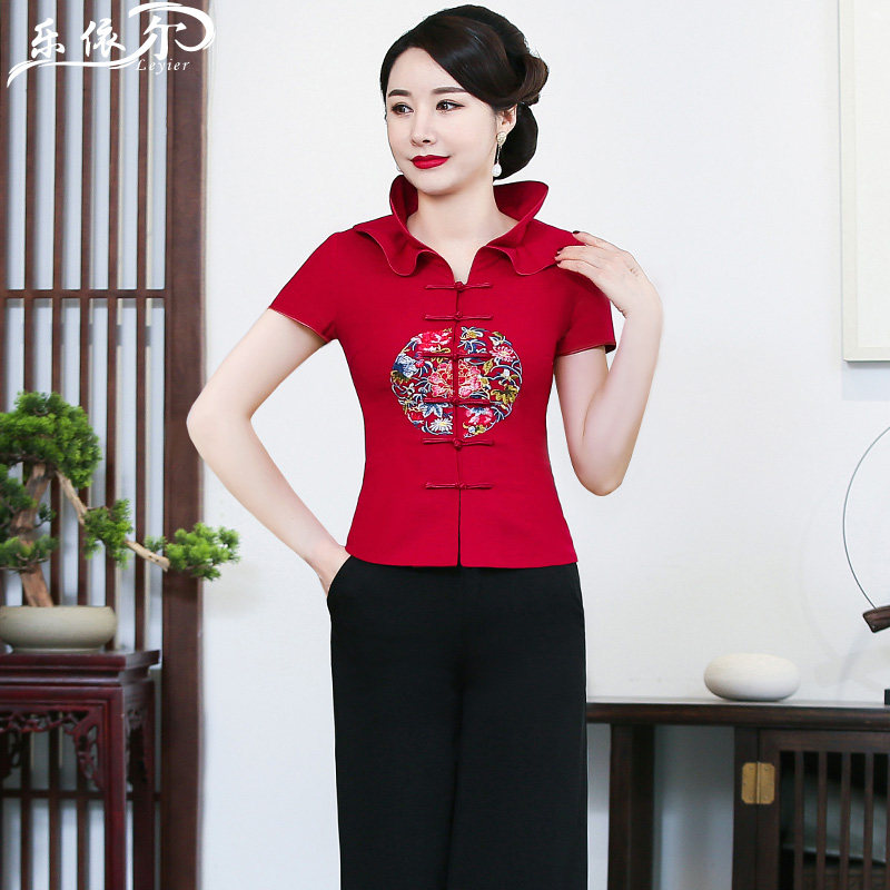 Summer short-sleeved improved linen embroidered cheongsam jacket cotton and linen Tang suit suit daily mother dress wedding dress large size