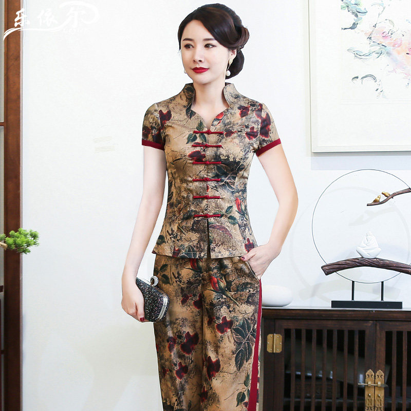 Improved fashion silk flagrobe coat short stained tattoo suit Chinese retro mom dress large size