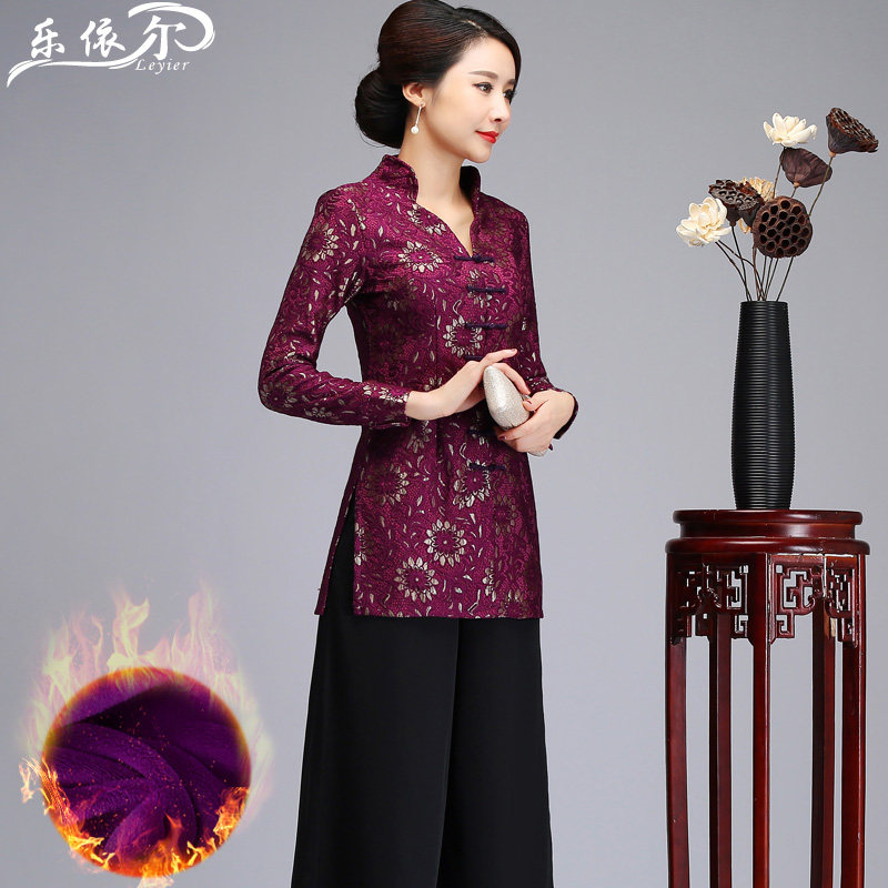 Winter plus velvet Tang suit women's set medium and long version of warm improved cheongsam top Chinese style thickened mother dress large size