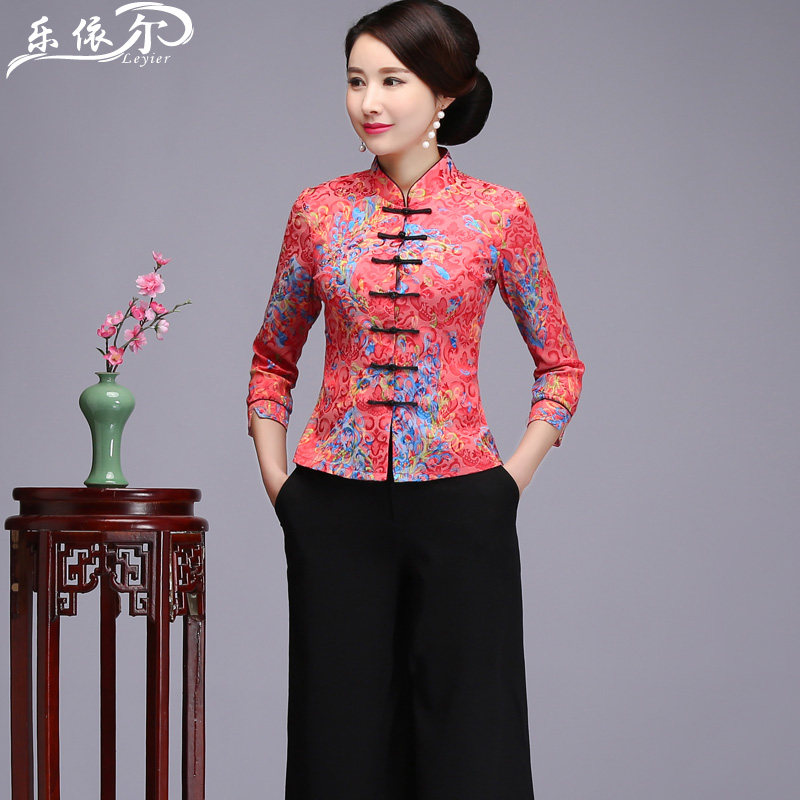 Spring and summer improved Tang suit cheongsam top short section Chinese retro three-quarter sleeve mother dress wedding cheongsam dress large size