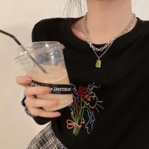 Bear QQ sugar pendant double necklace female hip hop titanium steel 2021 new niche design sense choker accessories