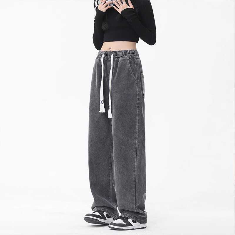 Petite Women's Gray Drawstring Jeans with Elastic Waist, Slimming, Casual, Loose, Wide-Leg, Straight, Lazy Style Pants for Autumn