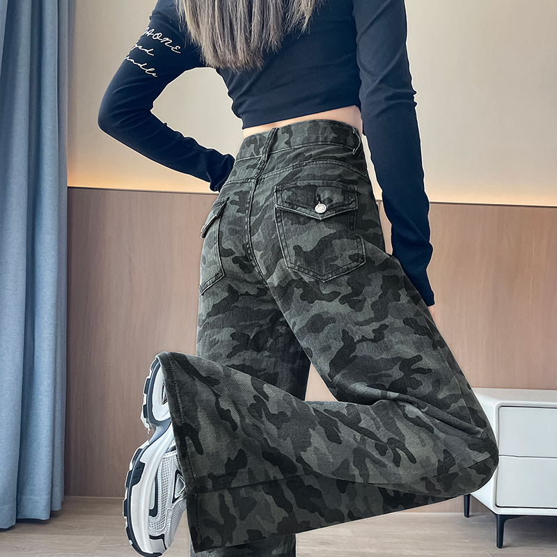 High-Waisted Retro Camouflage Wide-Leg Jeans for Women, American-Style Gray Cargo Pants, Loose, Slimming, Height-Enhancing, Drapey Floor-Length Pants