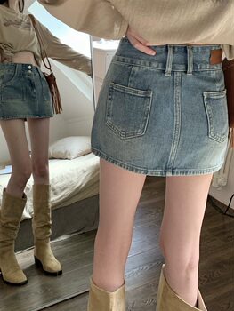 Summer ໃຫມ່ american retro denim skirt pants ຂອງແມ່ຍິງ a-line pocket skirt ແອວສູງກົ້ນຂະຫນາດນ້ອຍກວມເອົາ skirt