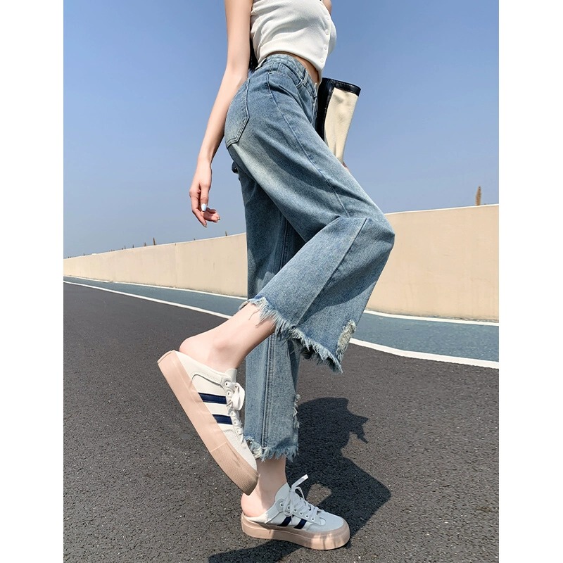 Petite Women's Light-Colored Ripped Jeans, Straight-Leg, Loose-Fitting, Slimming, High-Waisted, Cropped, Frayed Hem, Wide-Leg Pants for Summer
