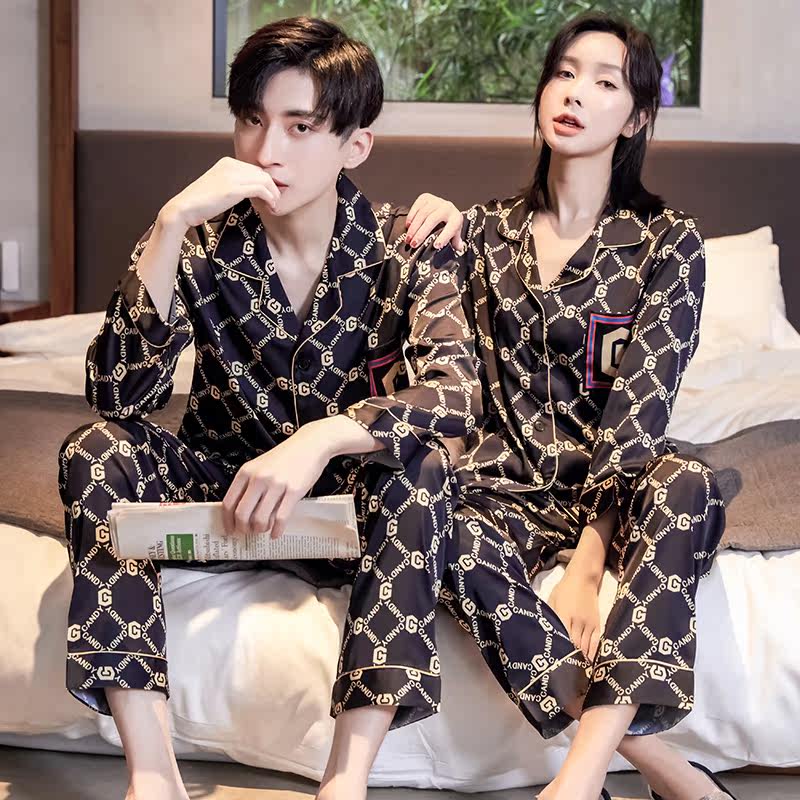 Online Red Couple Sleepwear Long Sleeve Printed Thin satin coated female ice Silk Home Clothing Men's Spring Autumn and Ins Wind