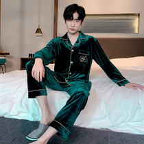 Gold velvet pyjamas for mens autumn and winter Korean version of thin suede spring with long sleeve cardiovert suit big code can be worn outside the home clothes