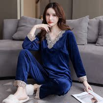 Lady Sleepwear Long Sleeve Head Lace Island Velvet Warm Home Clothing Sexy V Collar Bifacial Suede Sweet home Home Clothing