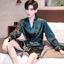 Summer men's casual nightgown ice silk long sleeve embroidered loose size pajamas suit with shorts thin household clothing