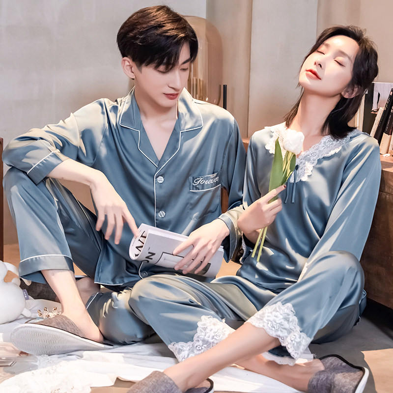 Couple pajamas silk Han edition Satin snow spinning suit female loose long sleeve men's home clothes Spring and Autumn