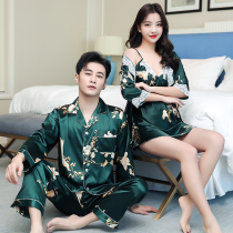 Spring and autumn couples suit long sleeve Mens Ice Silk thin cardigan sexy suspender nightgown women loose home clothes