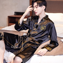 Pajamas men's summer silk thin large size loose embroidered nightgown long sleeve Korean bathrobe ice silk home clothing spring and autumn