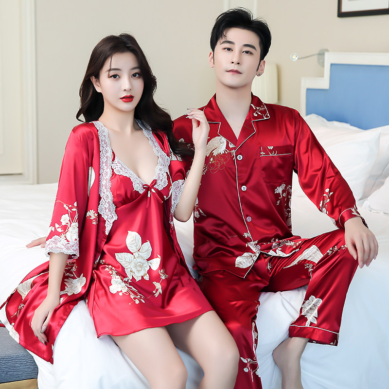 The new spring and autumn season ice silk thin section couple nightgown women's pajamas long-sleeved cardigan men's suit Korean version of home clothes