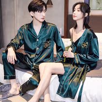 Long sleeve pajamas men's long sleeve cardigan suit spring and autumn sexy condole belt nightgown women's nightgown summer ice silk household clothing
