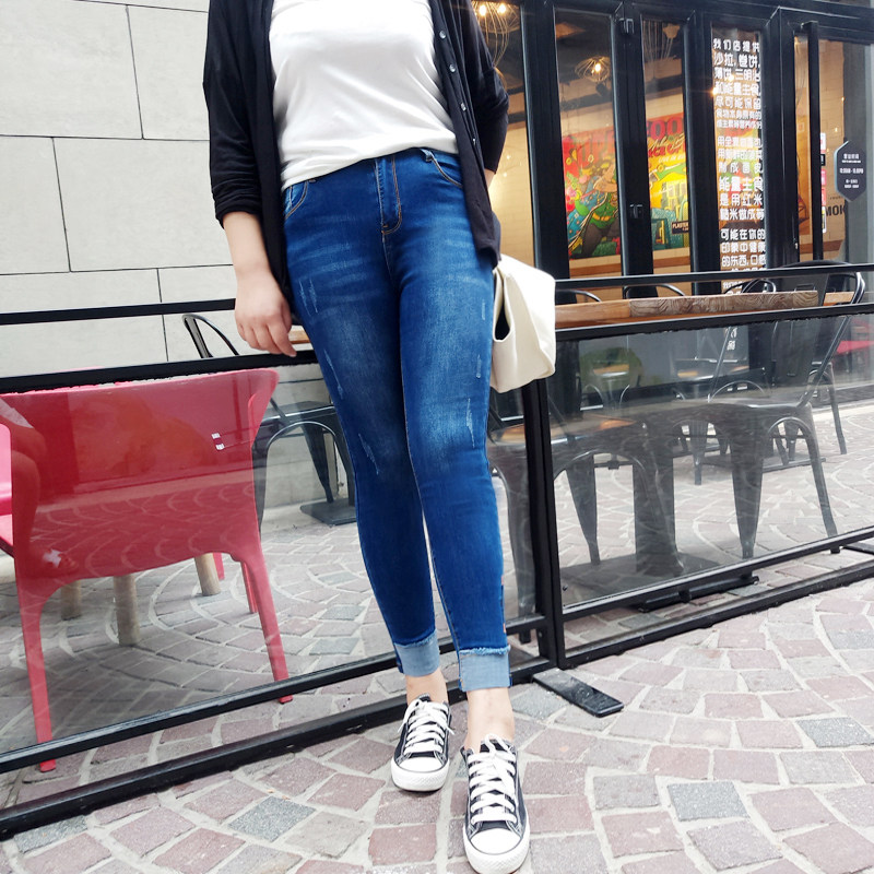 花边下大码牛仔裤女胖mm潮女裤子小脚长裤高腰显瘦超长韩版