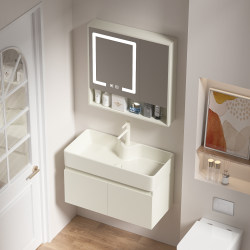Cream-Colored Multi-Layer Thickened Solid Wood Bathroom Cabinet Set with Washbasin for Small Apartments, Washbasin for Bathroom