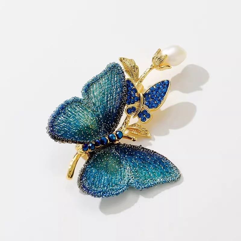 Suzhou Embroidery Double Butterfly Pearl Brooch, Chinese Style Outlet Embroidery Butterfly Brooch Accessories for Women