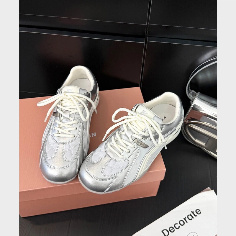 Height Increase Within 5cm ~ Genuine Leather Thick-Soled Silver German Training Shoes for Women, Outdoor Hiking Shoes, Casual Sports Racing Shoes