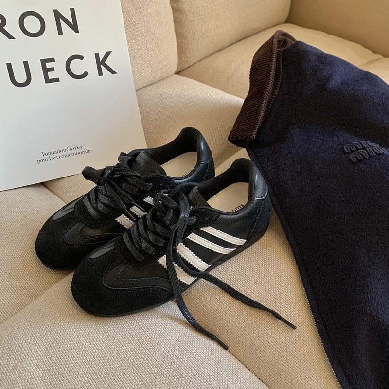 Height Increase Within 4cm ~ Genuine Leather Thick-Soled Black German Training Shoes for Women, Outdoor Hiking Shoes, Casual Versatile Sports Sneakers