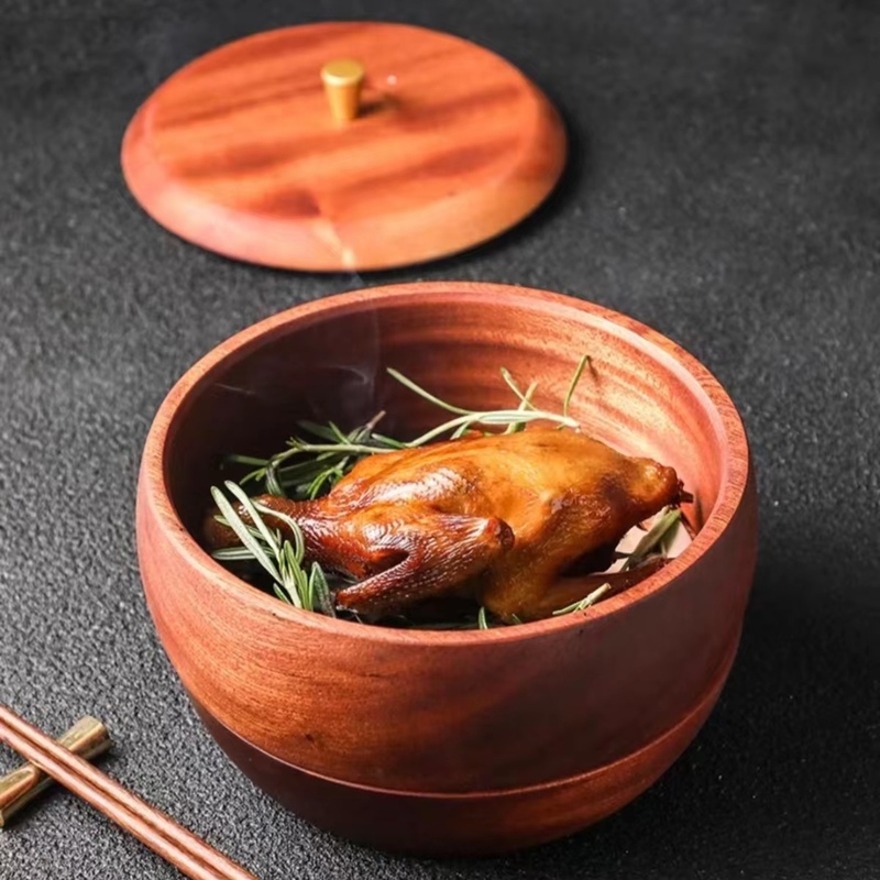 Hotel Restaurant Creative Wooden Tableware Round Smoked Barbecue Box Roasted Pigeon Wooden Box Tableware French Tableware