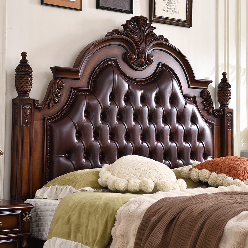 American-Style Retro Solid Wood Pine Cone Bed Villa Double Bed 1.8m Genuine Leather Upholstered Silent Dovetail Wedding Bed