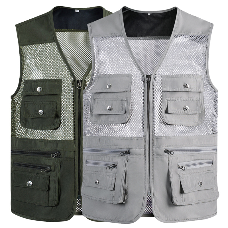 Summer Thin Mesh Vest for Hiking, Quick-Dry, Casual, Multi-Pocket, Middle-Aged Men's Photography Fishing V-Neck Large Size Vest