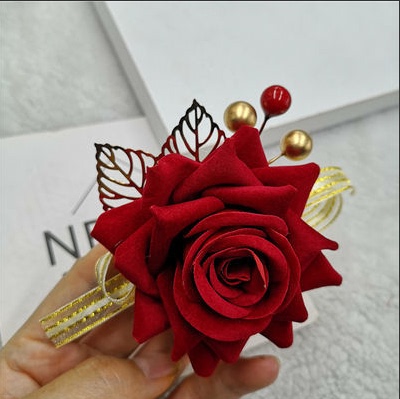 Bridal Red Hairpin Headpiece Rose Gold Leaf Flower Cheongsam Dress Stage Accessory Wedding Headdress Mother-In-Law Flower