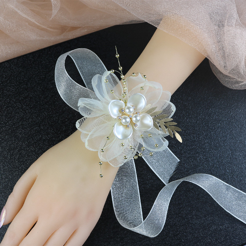 Net Yarn Hand Flowers Fairy Beauty Han Style Yarn Butterfly Pearl Flower Bone Dorsen Family Wrist Flower Bridal Bridesmaid's Sister Group Bracelet