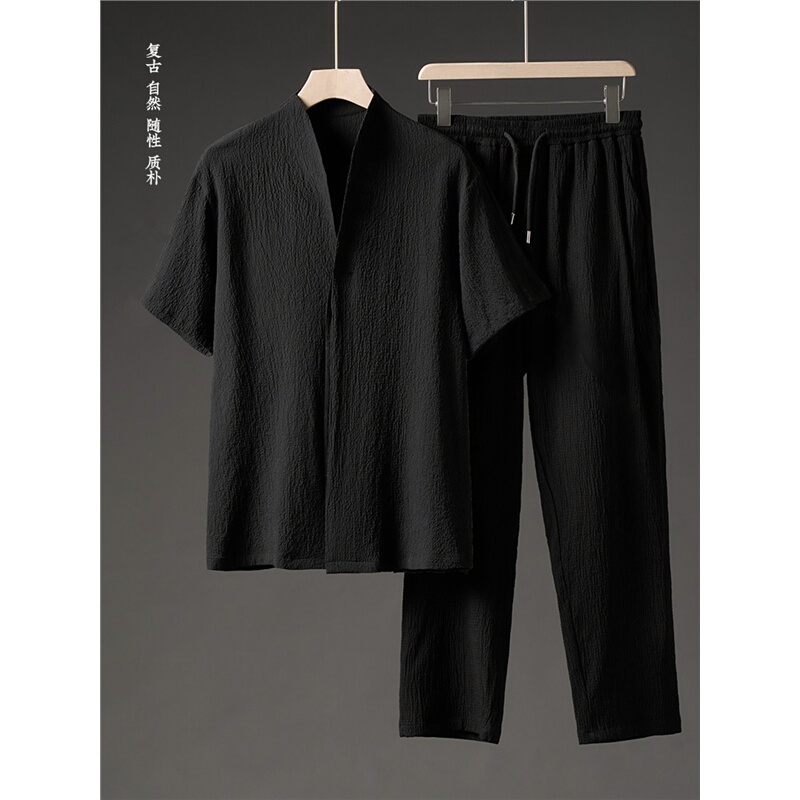 Kangshi Yishu Chinese Style Men's Summer Thin Cool Ice Silk T-Shirt Short-Sleeved V-Neck Cardigan Chinese Hanfu Suit Kangshi Yishu Chinese Style Men's Summer Thin Cool Ice Silk T-Shirt Short-Sleeved V-Neck Cardigan Chinese Hanfu Suit