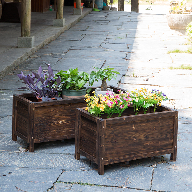 Carbonized anti-corrosion wood flower box Solid wood flower tank Wooden flower pot Balcony vegetable pot Rectangular large outdoor planting box