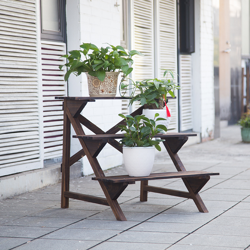 Anti-corrosion wood outdoor ladder flower stand Solid wood balcony multi-layer wooden flower rack Carbonized wood fleshy courtyard flower pot rack