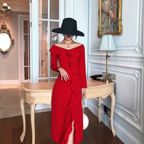 Shoulder Dress Red 2020 new autumn women ruffles first love skirt slim slim black dress dress