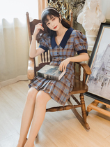 New 2020 doll collar plaid dress waist thin bubble sleeve temperament pleated retro dress